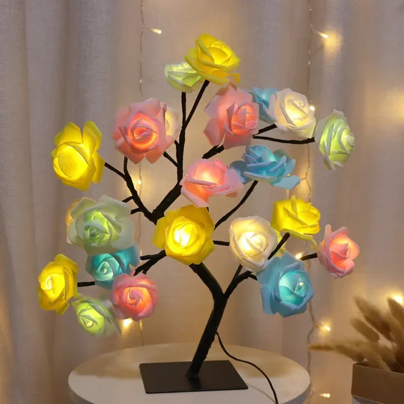 24 LED Rose Flower Tree Lights USB Table Lamp Fairy Night Light Party Christmas Wedding Bedroom Home Tabletop Decor Girls Gift