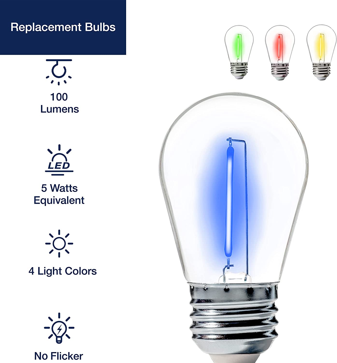 24-Pack S14 Colored LED String Light Bulbs, 1W Waterproof Outdoor Indoor Replacement Bulbs, E26 Base, CRI80, Red/Green/Blue/Warm White