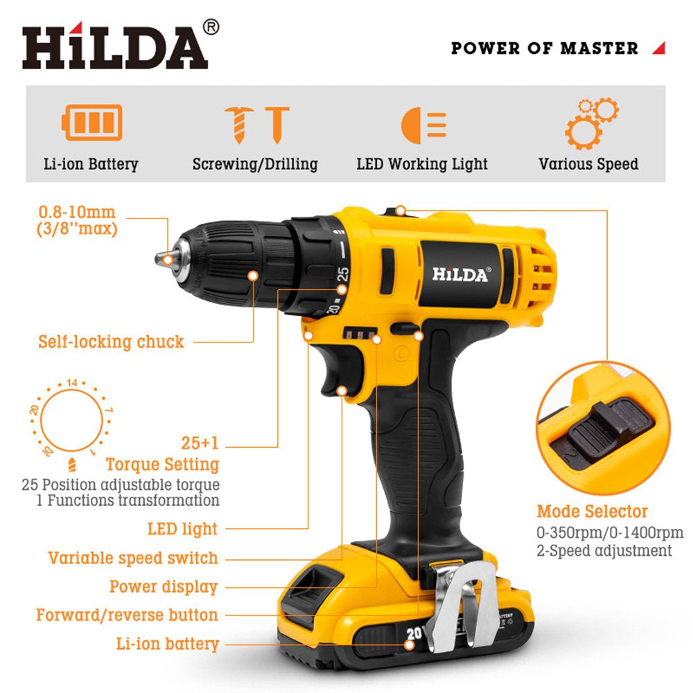 Hilda Cordless Drill 20V Impact Drill Driver 3/8'' Electric Power Drill Set - Variable Speed Trigger, 1500Mah Lithium-Ion Battery