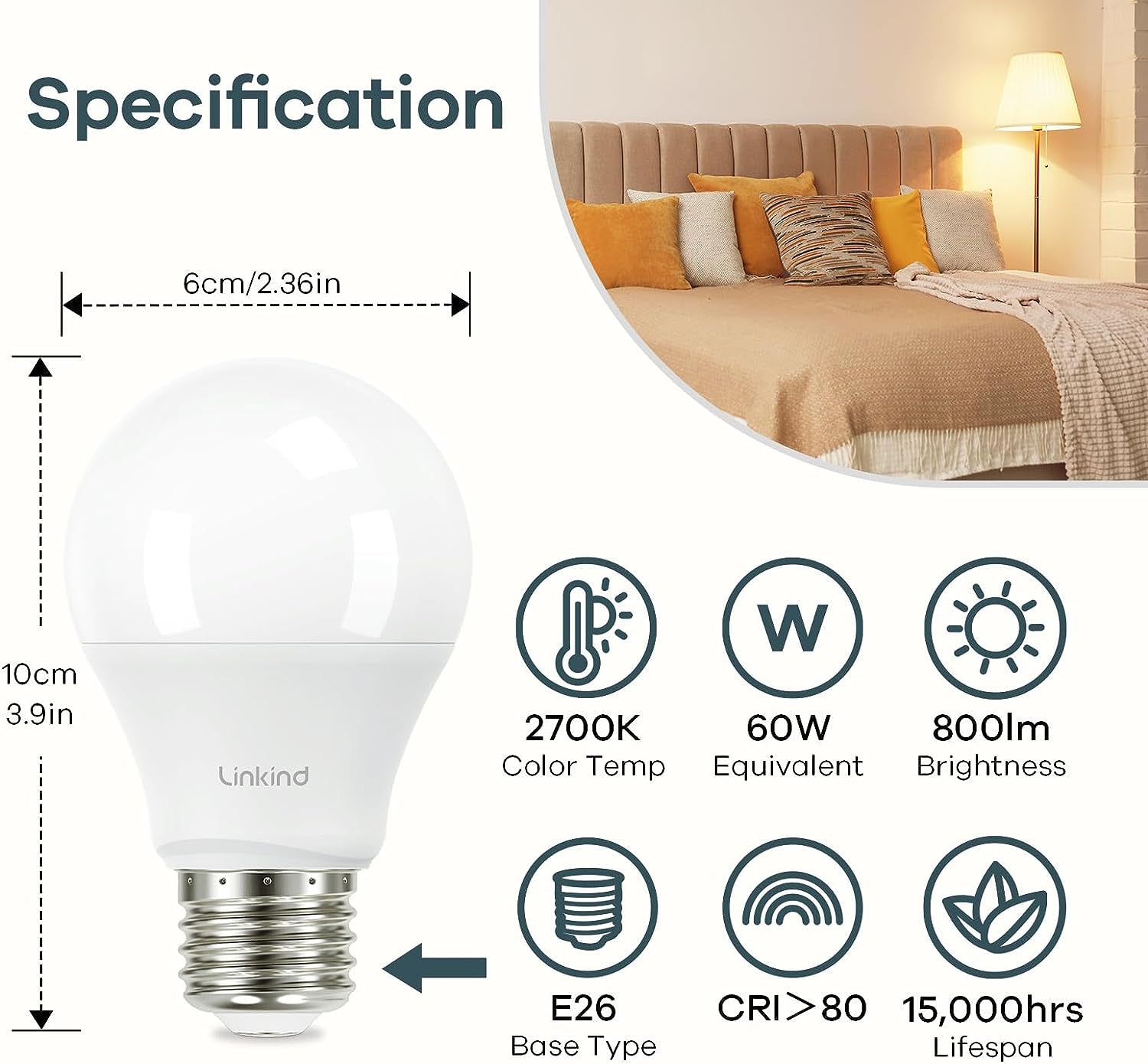 A19 LED Light Bulb, 60W Equivalent, 9W 2700K Soft White, 800 Lumens Non-Dimmable, E26 Standard Base, Energy Efficient UL Listed for Bedroom Home Office, 6 Pack