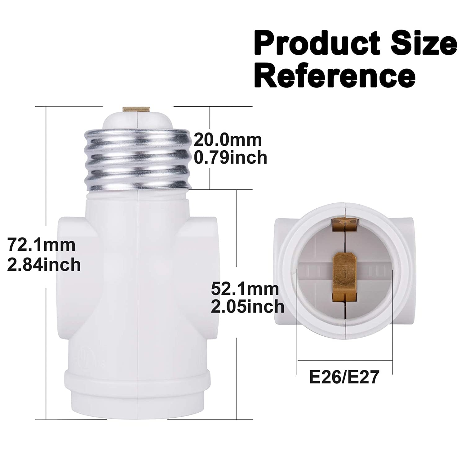 UL Listed E26 to 2 Polarized Outlet Socket Adapter, Standard (Medium) E26 Base Light Bulb to 2-Prong Outlet Plug Splitter Converter, White, 2-Pack