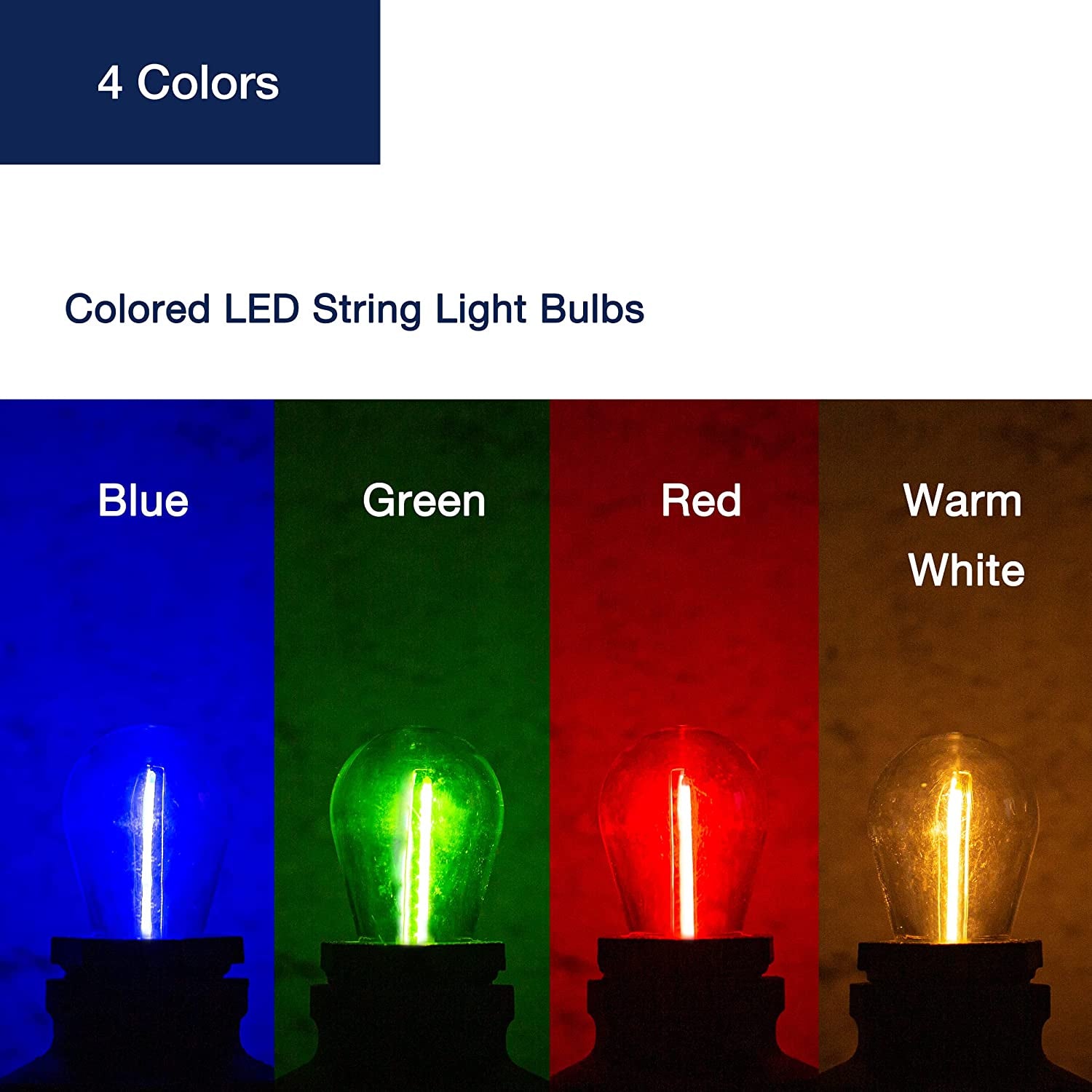 24-Pack S14 Colored LED String Light Bulbs, 1W Waterproof Outdoor Indoor Replacement Bulbs, E26 Base, CRI80, Red/Green/Blue/Warm White