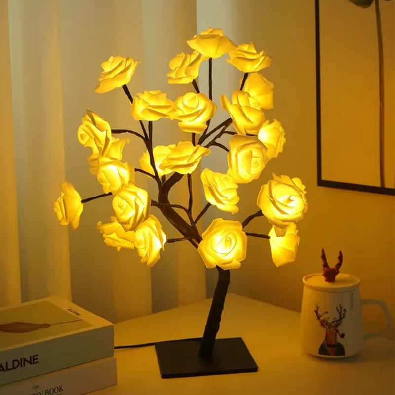 24 LED Rose Flower Tree Lights USB Table Lamp Fairy Night Light Party Christmas Wedding Bedroom Home Tabletop Decor Girls Gift