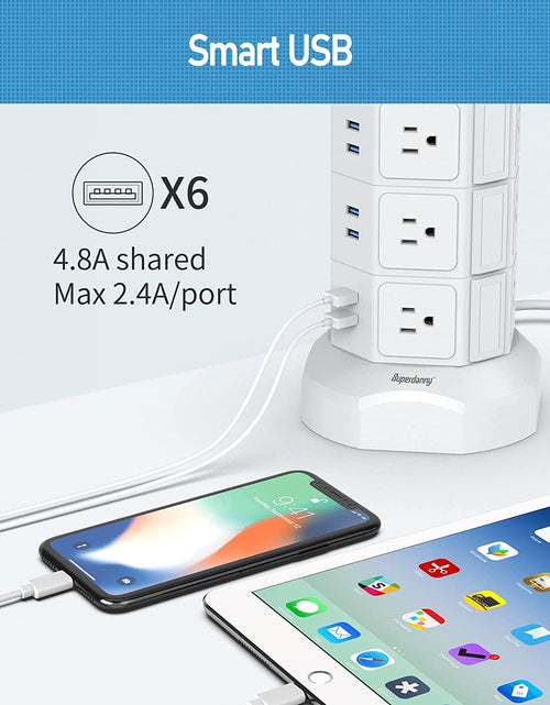 Load image into Gallery viewer, Power Strip Tower with 15W Magnetic Wireless Charger,  1050J Surge Protector Tower 13A Charging Station with 12 AC Outlets &amp; 6 USB Ports, 6.5Ft Extension Cord for Home Office, Black
