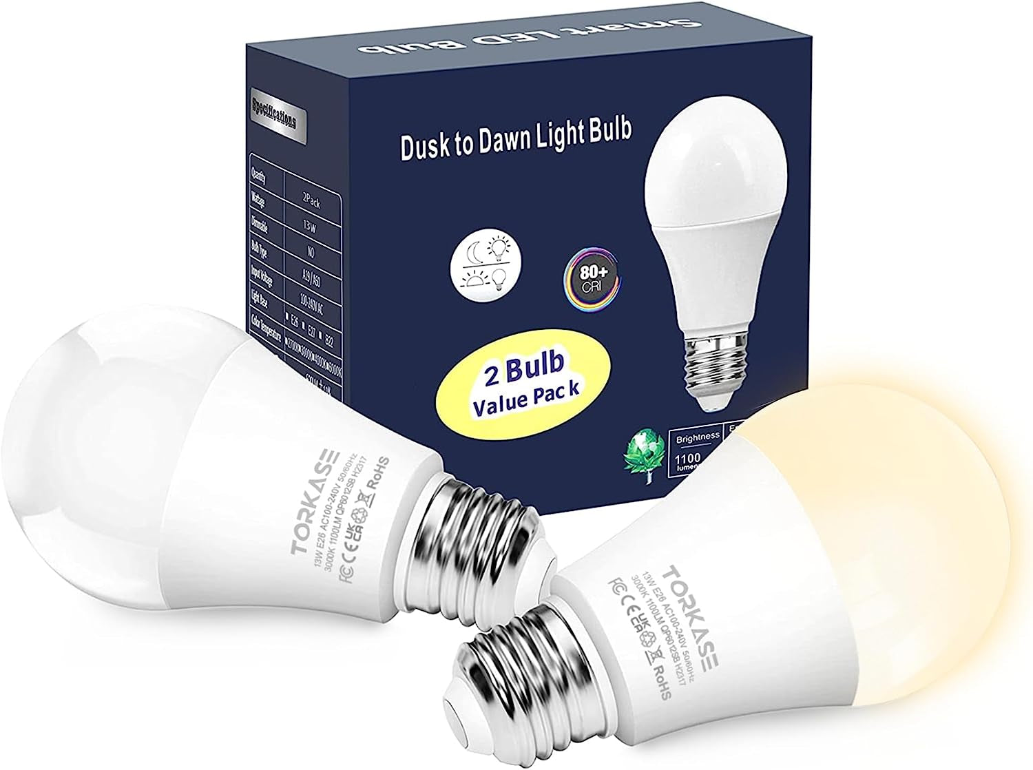 Outdoor Dusk to Dawn Light Bulbs, No Timer Required, 13W(100W Equivalent), 3000K Warm White, E26 A19 Automatic Sensor LED Bulb, Built-In Photocell Detector for Boundary Garage Patio, 2 Pack