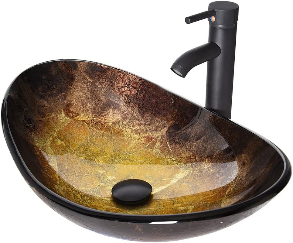 Bathroom Vessel Sink, Boat Shape Bathroom Artistic Glass Vessel Bowl Basin with Free Oil Rubbed Bronze Faucet and Pop-Up Drain, Gold Ingot