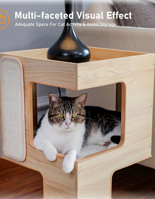 Load image into Gallery viewer, 23&quot; Wood Cat House Furniture for Indoor Cats, Modern Cat Tree Tower Bed with Free Cat Toy, Scratching Pad and Removable Soft Mats, Small Cat Condo, Brown
