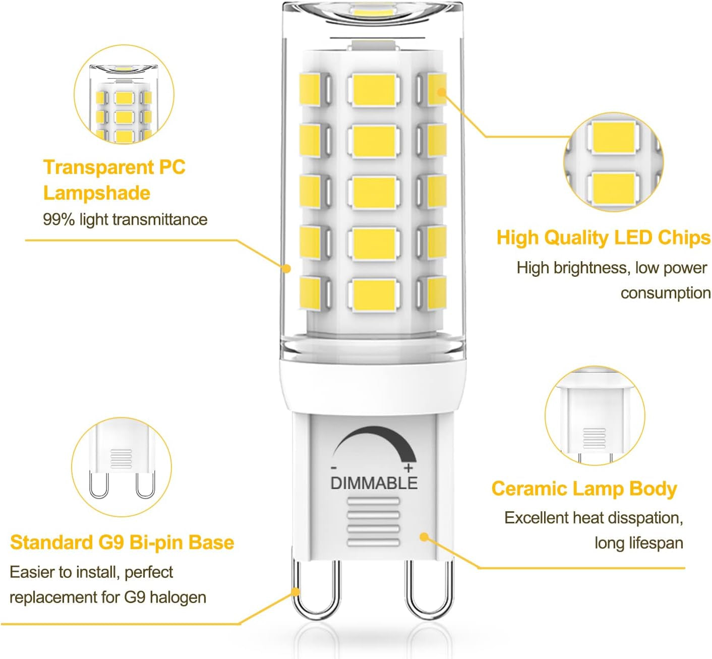 G9 LED Bulb Dimmable, 4W, 40W Halogen Equivalent, 5000K Daylight White, AC 120V G9 Bi Pin Base Light Bulbs, 380LM, No Flicker, 360° Beam Angle, Pack of 6