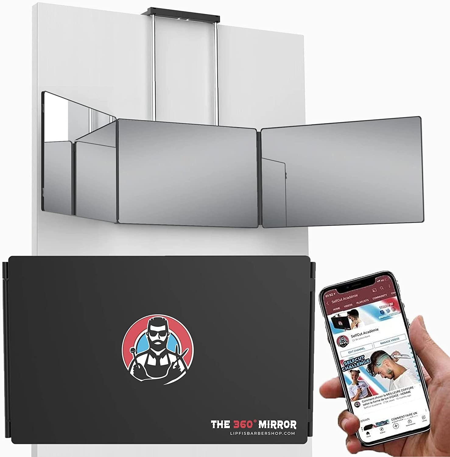 The 360 Mirror - Adjustable Door Mount Telescoping Hooks - Self Haircut Mirror for Men - 3 Way Mirror for Hair Cutting