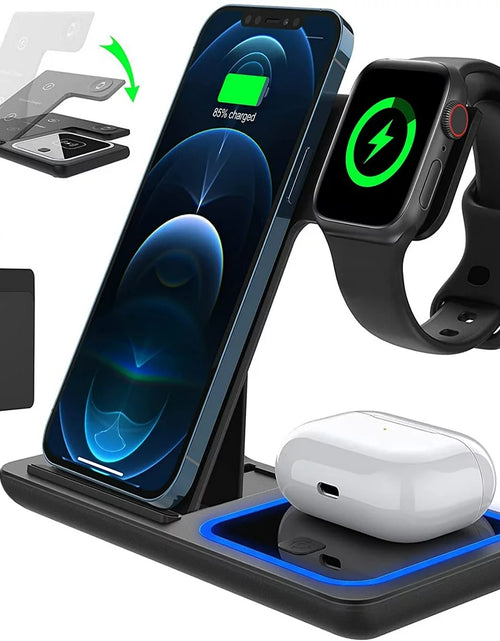 Load image into Gallery viewer, 3 in 1 Wireless Charger, 18W Fast Charger Pad Stand Charging Station Dock for Iwatch Series SE 8/7/6/5/4/3 Airpods Pro/3/2 for Iphone 15/14/13/12 /11/Pro Max/12 Mini /XR (With QC3.0 Adapter)
