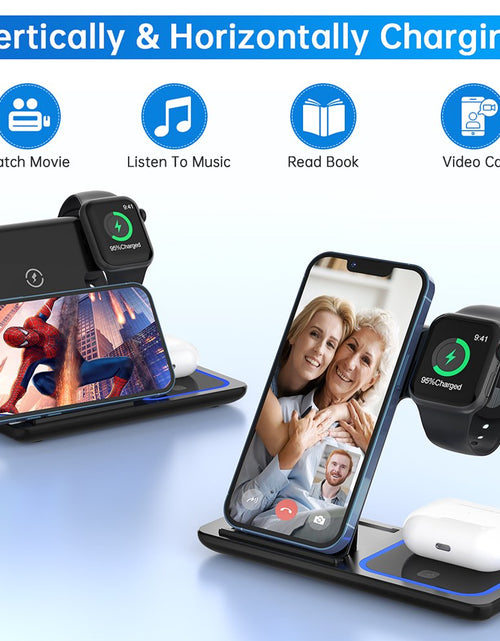 Load image into Gallery viewer, 3 in 1 Wireless Charger, 18W Fast Charger Pad Stand Charging Station Dock for Iwatch Series SE 8/7/6/5/4/3 Airpods Pro/3/2 for Iphone 15/14/13/12 /11/Pro Max/12 Mini /XR (With QC3.0 Adapter)
