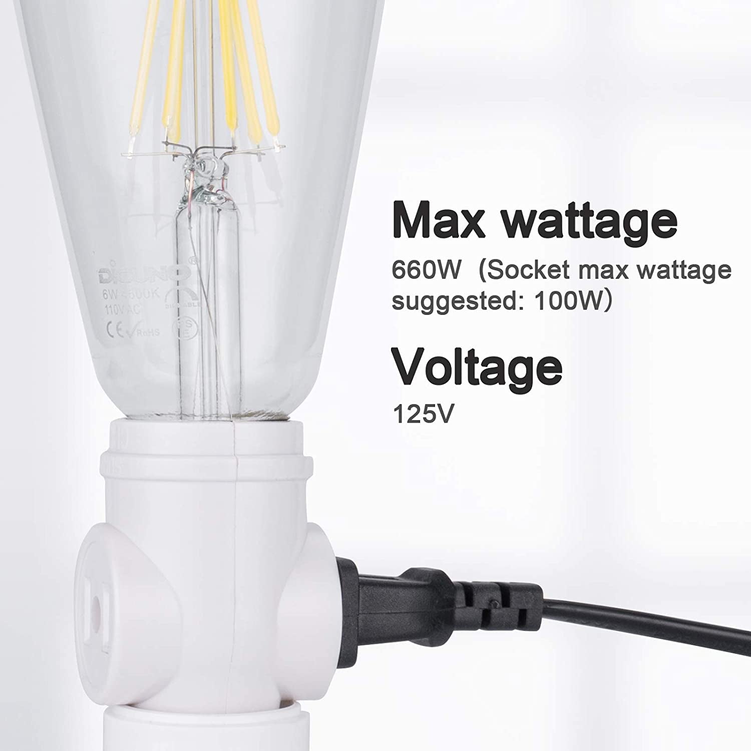 UL Listed E26 to 2 Polarized Outlet Socket Adapter, Standard (Medium) E26 Base Light Bulb to 2-Prong Outlet Plug Splitter Converter, White, 2-Pack